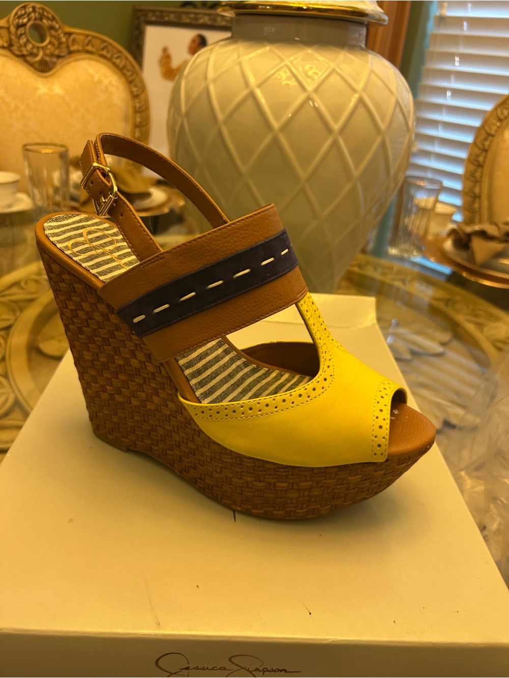 Jessica Simpson Yellow, Brown & Navy Woven Wedge Sandals